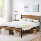 Cadre de lit plateforme Queen en métal avec tête de lit en bois, style industriel rustique, sommier tapissier non requis