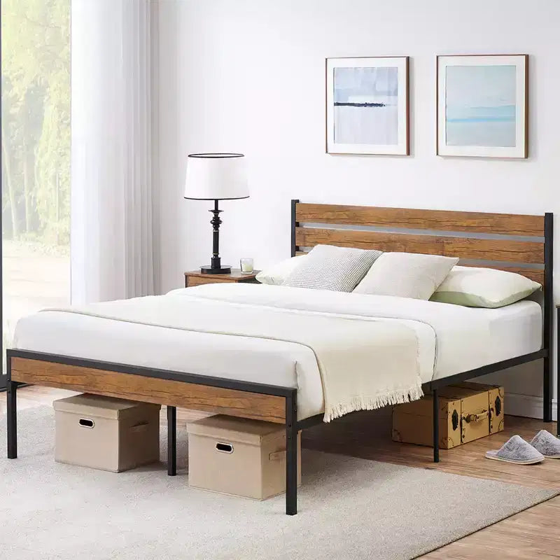 Cadre de lit plateforme Queen en métal avec tête de lit en bois, style industriel rustique, sommier tapissier non requis