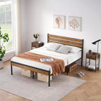 Cadre de lit plateforme Queen en métal avec tête de lit en bois, style industriel rustique, sommier tapissier non requis