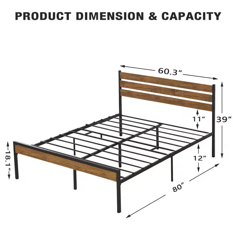 Cadre de lit plateforme Queen en métal avec tête de lit en bois, style industriel rustique, sommier tapissier non requis