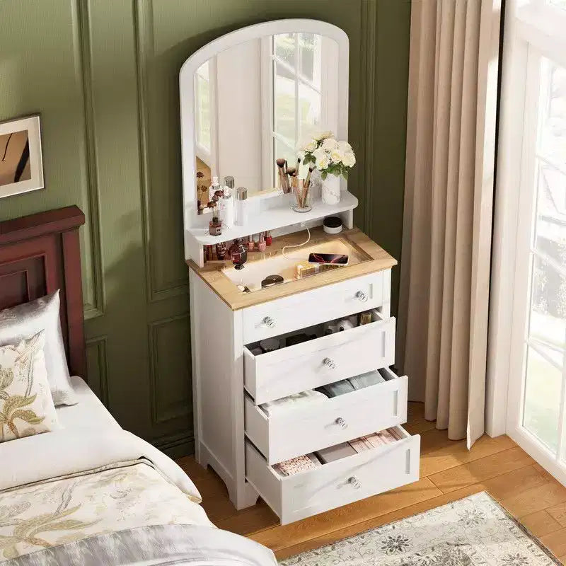 Commode 4 tiroirs avec miroir, station de charge et bande LED, coiffeuse moderne pour petits espaces, chambre, salon, entrée