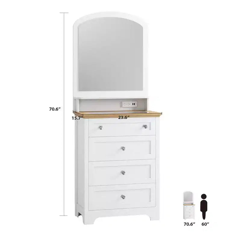 Commode 4 tiroirs avec miroir, station de charge et bande LED, coiffeuse moderne pour petits espaces, chambre, salon, entrée