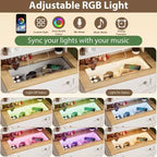 Commode 4 tiroirs avec miroir, station de charge et bande LED, coiffeuse moderne pour petits espaces, chambre, salon, entrée