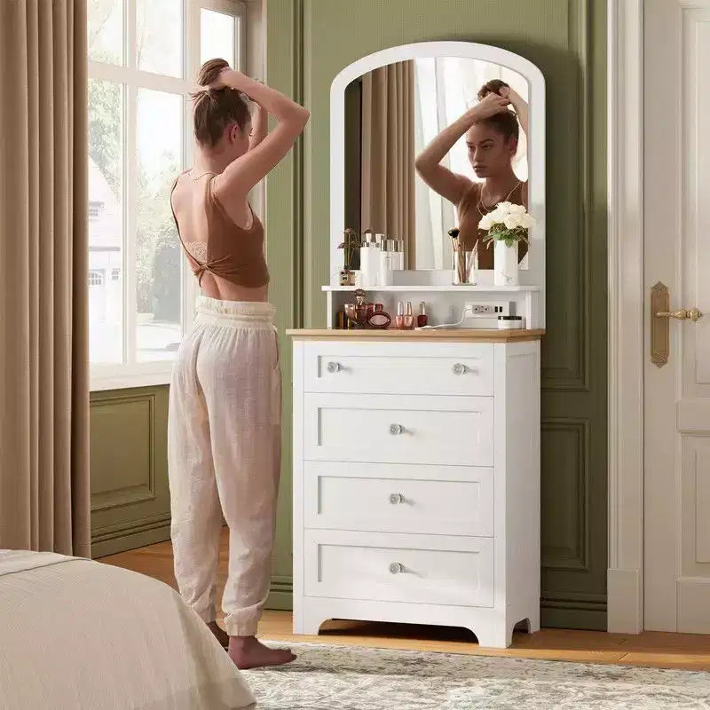 Commode 4 tiroirs avec miroir, station de charge et bande LED, coiffeuse moderne pour petits espaces, chambre, salon, entrée