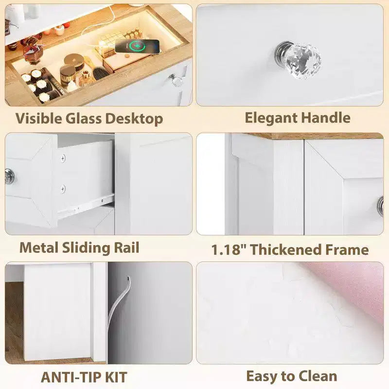 Commode 4 tiroirs avec miroir, station de charge et bande LED, coiffeuse moderne pour petits espaces, chambre, salon, entrée