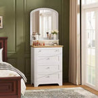 Commode 4 tiroirs avec miroir, station de charge et bande LED, coiffeuse moderne pour petits espaces, chambre, salon, entrée