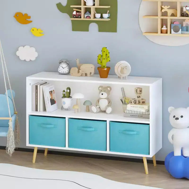 Étagère à livres pour enfants avec tiroirs en tissu pliables, présentoir à livres pour enfants, meuble de rangement de jouets, blanc/bleu