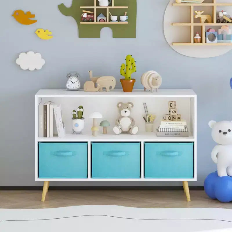Étagère à livres pour enfants avec tiroirs en tissu pliables, présentoir à livres pour enfants, meuble de rangement de jouets, blanc/bleu