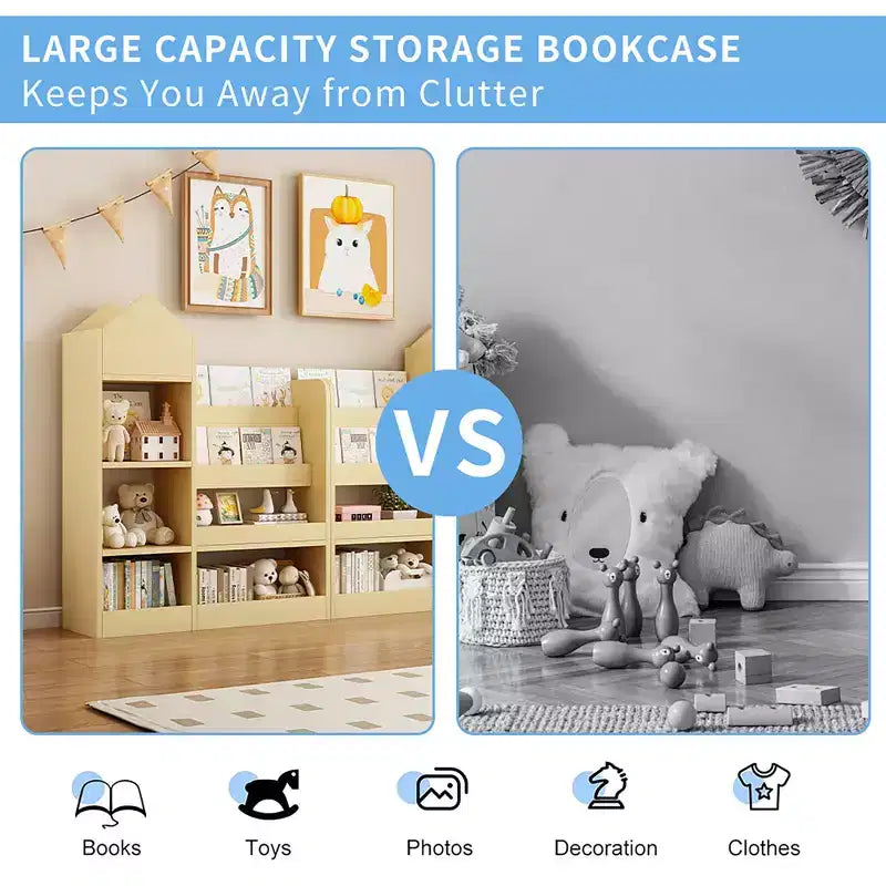 Wood Kids Étagère à Livres en Bois pour Enfants, Organisateur de Rangement de Jouets avec Bibliothèque, Unité de Rangement pour Enfants avec 6 Compartiments, 2 Paniers de Rangement pour Jouets
