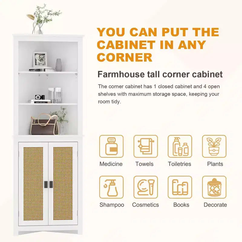 Meuble d'angle de ferme 162 cm de haut avec 6 étagères et 2 portes coulissantes, meuble de salle de bain avec étagère réglable, pour salon, cuisine, salle de bain