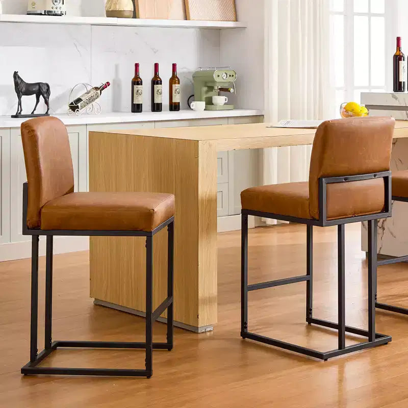 24 Counter Height Bar Chair with Back, PU Leather for Kitchen Island and Black Metal Frame Footrest for Kitchen Island