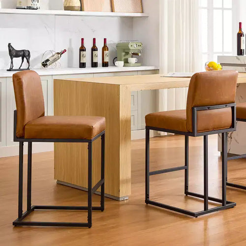 24 Counter Height Bar Chair with Back, PU Leather for Kitchen Island and Black Metal Frame Footrest for Kitchen Island