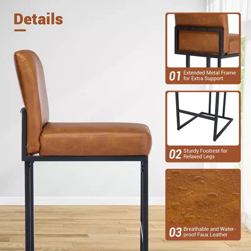 Chaise de bar de 24 po avec dossier, en cuir PU pour îlot de cuisine et repose-pieds en métal noir pour îlot de cuisine