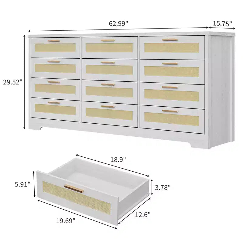 Commode à 12 tiroirs en rotin, commode de style ferme moderne, organisateur de rangement peu encombrant pour chambre à coucher, salon et appartement, peut supporter un téléviseur de 55 pouces maximum
