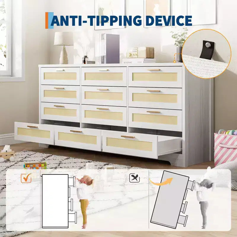 Commode à 12 tiroirs en rotin, commode de style ferme moderne, organisateur de rangement peu encombrant pour chambre à coucher, salon et appartement, peut supporter un téléviseur de 55 pouces maximum