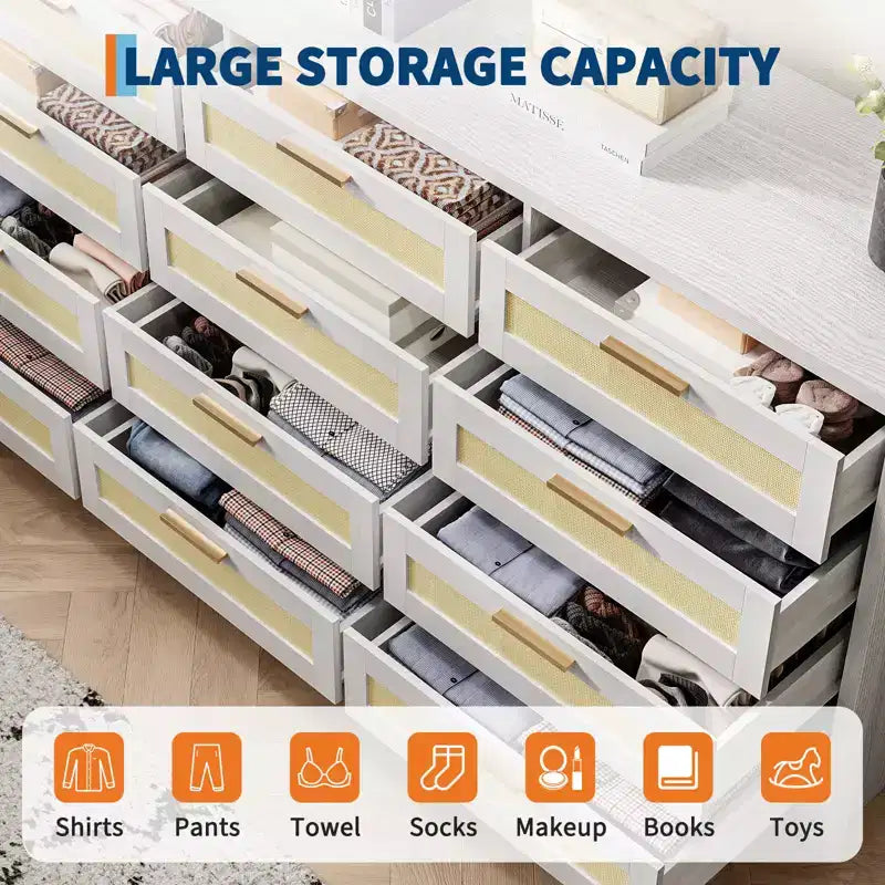 Commode à 12 tiroirs en rotin, commode de style ferme moderne, organisateur de rangement peu encombrant pour chambre à coucher, salon et appartement, peut supporter un téléviseur de 55 pouces maximum