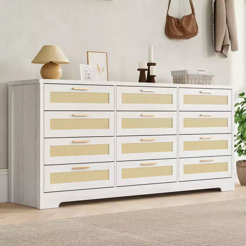 Commode à 12 tiroirs en rotin, commode de style ferme moderne, organisateur de rangement peu encombrant pour chambre à coucher, salon et appartement, peut supporter un téléviseur de 55 pouces maximum