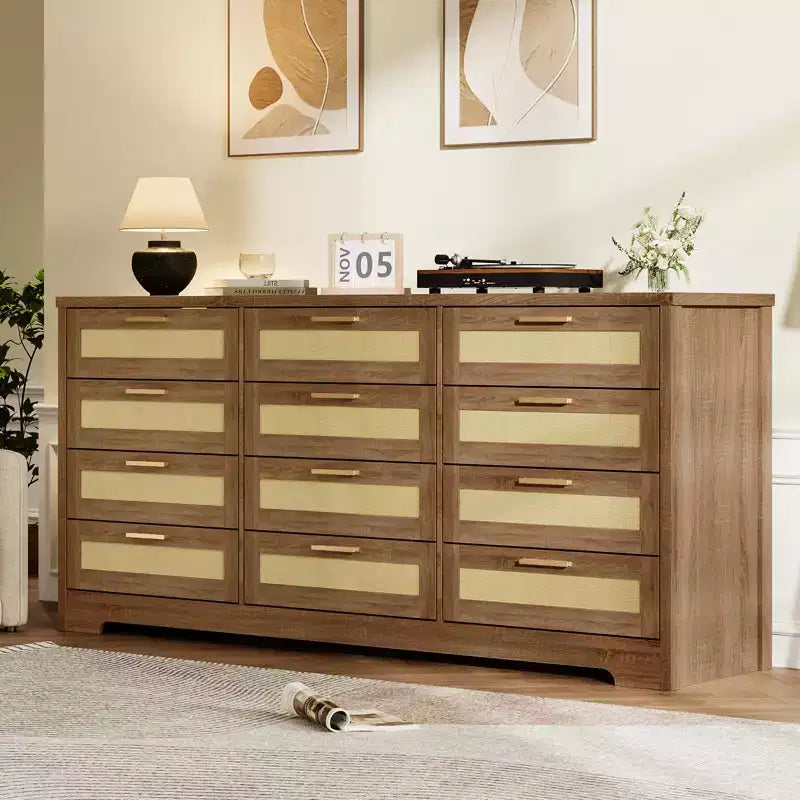 Commode à 12 tiroirs en rotin, commode de style ferme moderne, organisateur de rangement peu encombrant pour chambre à coucher, salon et appartement, peut supporter un téléviseur de 55 pouces maximum