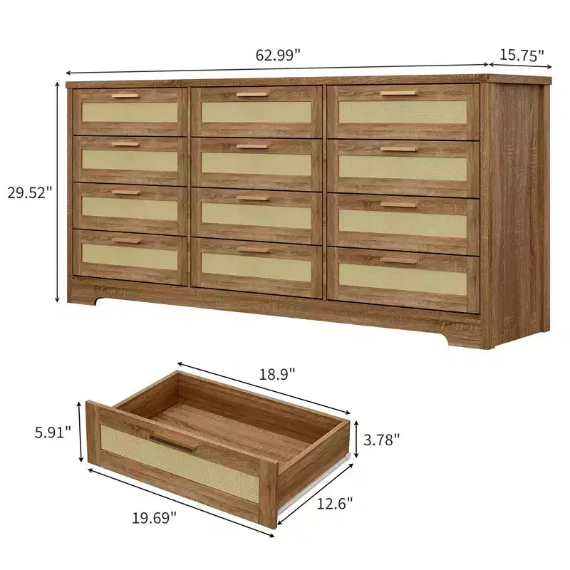 Commode à 12 tiroirs en rotin, commode de style ferme moderne, organisateur de rangement peu encombrant pour chambre à coucher, salon et appartement, peut supporter un téléviseur de 55 pouces maximum