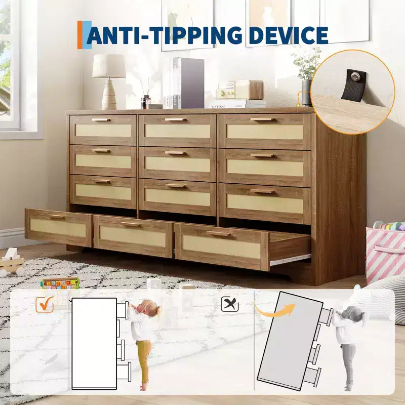 Commode à 12 tiroirs en rotin, commode de style ferme moderne, organisateur de rangement peu encombrant pour chambre à coucher, salon et appartement, peut supporter un téléviseur de 55 pouces maximum