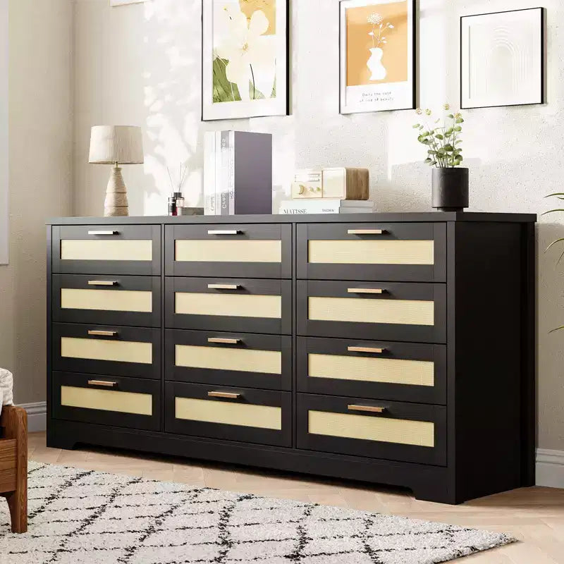 Commode à 12 tiroirs en rotin, commode de style ferme moderne, organisateur de rangement peu encombrant pour chambre à coucher, salon et appartement, peut supporter un téléviseur de 55 pouces maximum