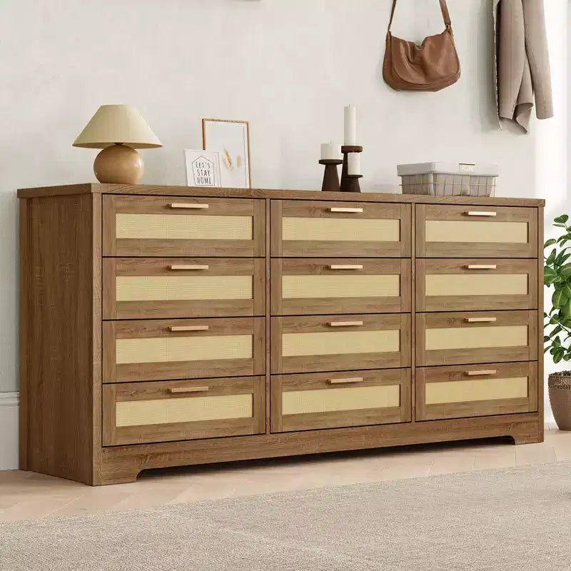 Commode à 12 tiroirs en rotin, commode de style ferme moderne, organisateur de rangement peu encombrant pour chambre à coucher, salon et appartement, peut supporter un téléviseur de 55 pouces maximum