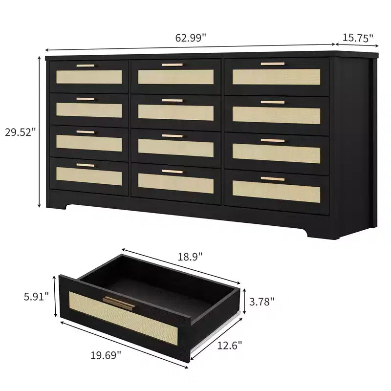 Commode à 12 tiroirs en rotin, commode de style ferme moderne, organisateur de rangement peu encombrant pour chambre à coucher, salon et appartement, peut supporter un téléviseur de 55 pouces maximum