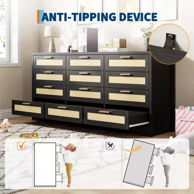 Commode à 12 tiroirs en rotin, commode de style ferme moderne, organisateur de rangement peu encombrant pour chambre à coucher, salon et appartement, peut supporter un téléviseur de 55 pouces maximum