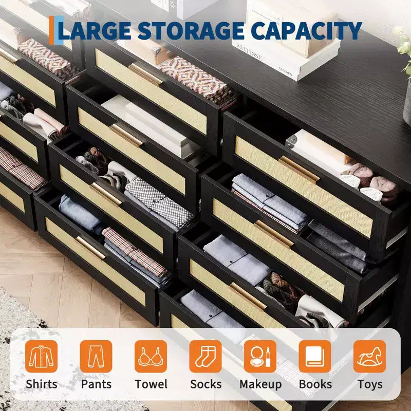 Commode à 12 tiroirs en rotin, commode de style ferme moderne, organisateur de rangement peu encombrant pour chambre à coucher, salon et appartement, peut supporter un téléviseur de 55 pouces maximum