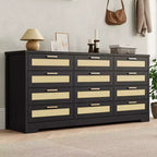 Commode à 12 tiroirs en rotin, commode de style ferme moderne, organisateur de rangement peu encombrant pour chambre à coucher, salon et appartement, peut supporter un téléviseur de 55 pouces maximum