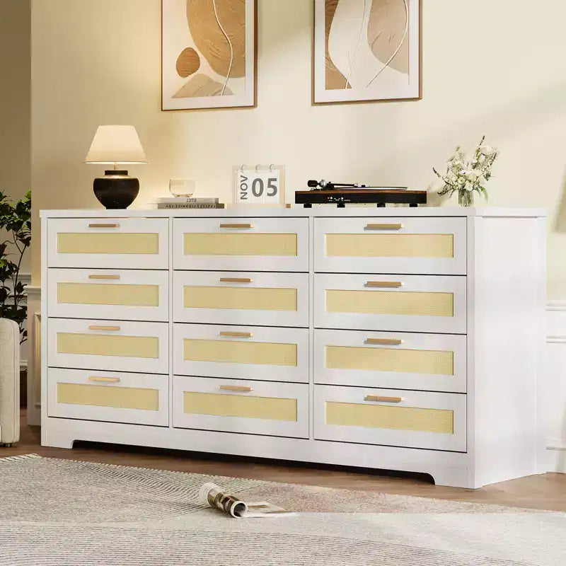 Commode à 12 tiroirs en rotin, commode de style ferme moderne, organisateur de rangement peu encombrant pour chambre à coucher, salon et appartement, peut supporter un téléviseur de 55 pouces maximum