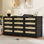 Rattan 12-Drawer Dresser, Modern Farmhouse Chest of Drawers, Space Saving Storage Organizer for Bedroom Living Room & Apartment, Holds Up to 55'' TV