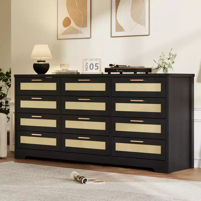 Rattan 12-Drawer Dresser, Modern Farmhouse Chest of Drawers, Space Saving Storage Organizer for Bedroom Living Room & Apartment, Holds Up to 55'' TV