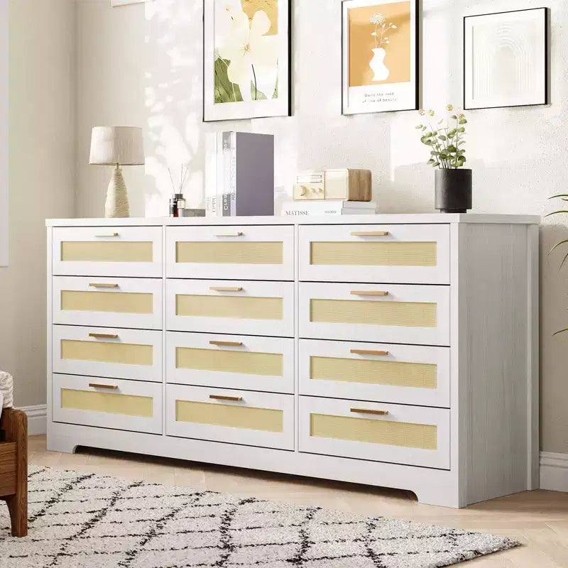 Commode à 12 tiroirs en rotin, commode de style ferme moderne, organisateur de rangement peu encombrant pour chambre à coucher, salon et appartement, peut supporter un téléviseur de 55 pouces maximum