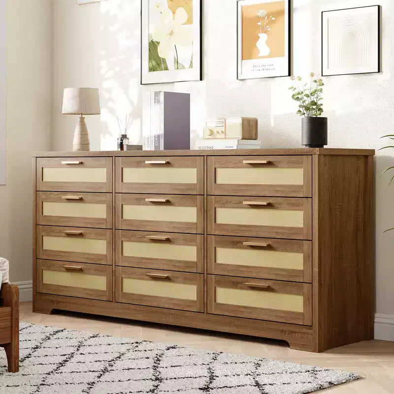 Commode à 12 tiroirs en rotin, commode de style ferme moderne, organisateur de rangement peu encombrant pour chambre à coucher, salon et appartement, peut supporter un téléviseur de 55 pouces maximum