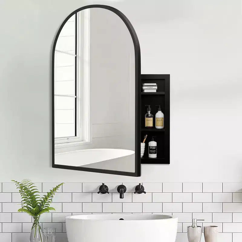 Armoire à pharmacie noire arquée de 74,9 x 100,1 cm, meuble mural de salle de bain à cadre métallique avec miroir et étagères réglables