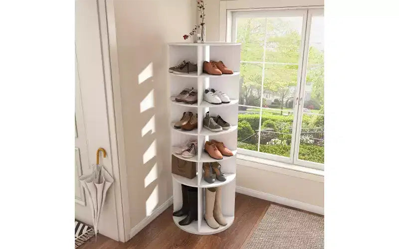 Tour à chaussures rotative à 360° à 6 niveaux, peut contenir 24 paires, autoportante, blanche, 162 cm H x 60 cm L
