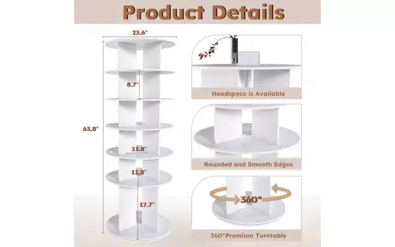 Tour à chaussures rotative à 360° à 6 niveaux, peut contenir 24 paires, autoportante, blanche, 162 cm H x 60 cm L