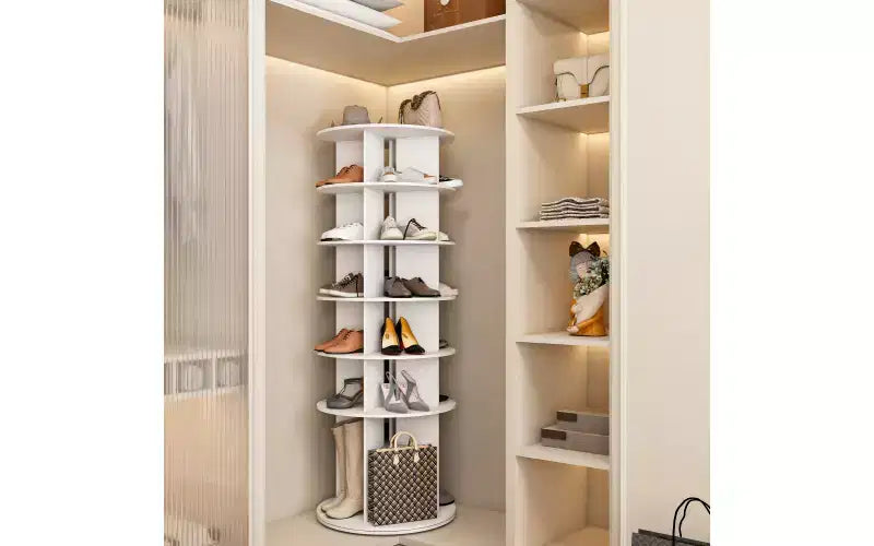 Tour à chaussures rotative à 360° à 6 niveaux, peut contenir 24 paires, autoportante, blanche, 162 cm H x 60 cm L