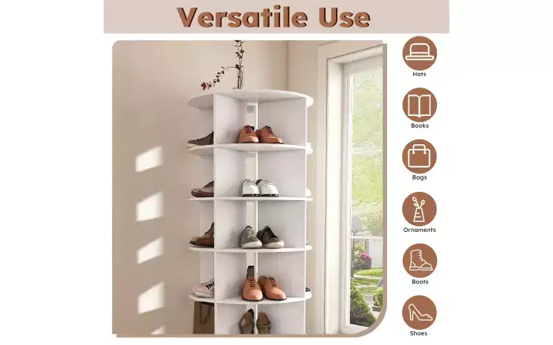 Tour à chaussures rotative à 360° à 6 niveaux, peut contenir 24 paires, autoportante, blanche, 162 cm H x 60 cm L