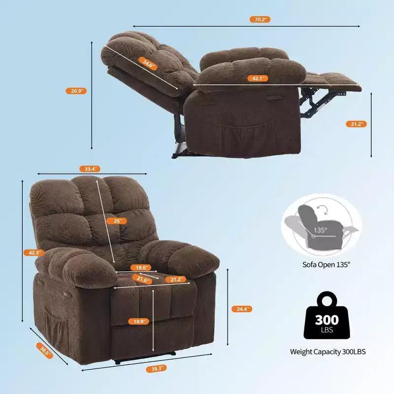 Fauteuil inclinable manuel surdimensionné, fauteuil inclinable ergonomique et respirant avec siège rembourré et 2 poches latérales, canapé individuel pour salon, chambre à coucher
