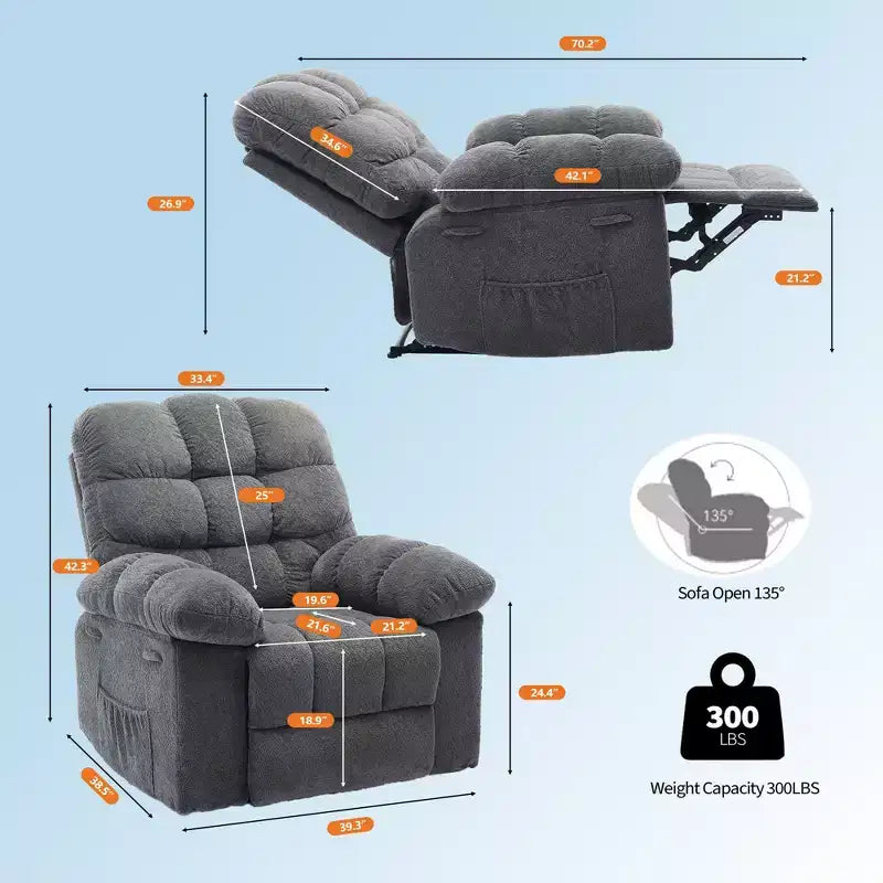 Fauteuil inclinable manuel surdimensionné, fauteuil inclinable ergonomique et respirant avec siège rembourré et 2 poches latérales, canapé individuel pour salon, chambre à coucher