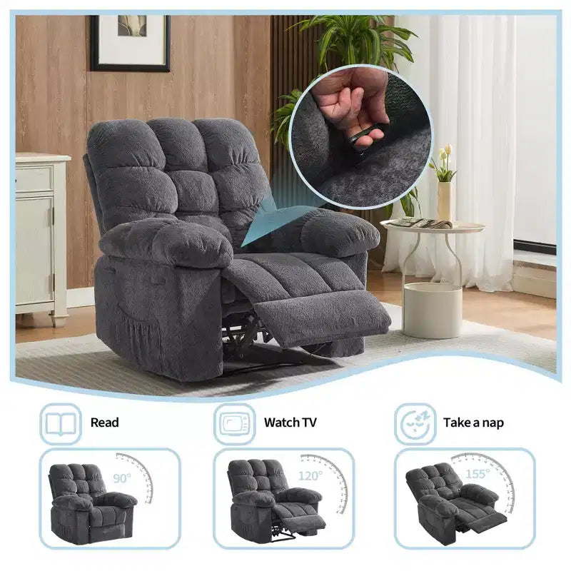 Fauteuil inclinable manuel surdimensionné, fauteuil inclinable ergonomique et respirant avec siège rembourré et 2 poches latérales, canapé individuel pour salon, chambre à coucher