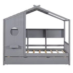 Lit cabane jumeaux avec lit gigogne et 3 étagères de rangement à l'arrière, design de toit en pente, cadre en pin, gris