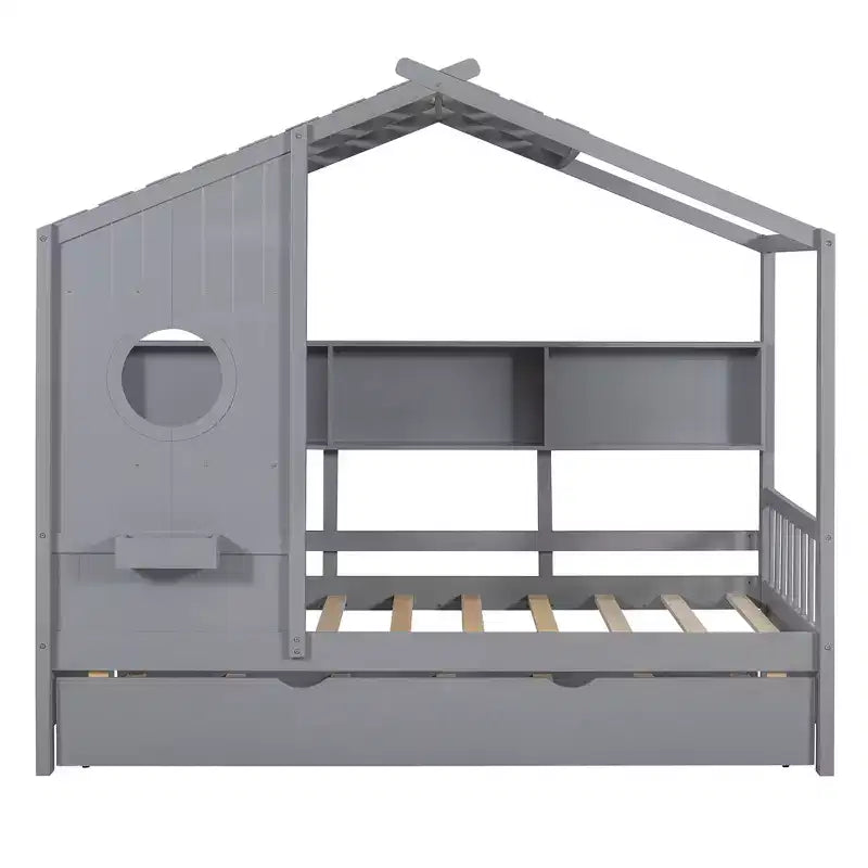 Lit cabane jumeaux avec lit gigogne et 3 étagères de rangement à l'arrière, design de toit en pente, cadre en pin, gris