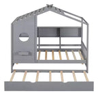 Lit cabane jumeaux avec lit gigogne et 3 étagères de rangement à l'arrière, design de toit en pente, cadre en pin, gris
