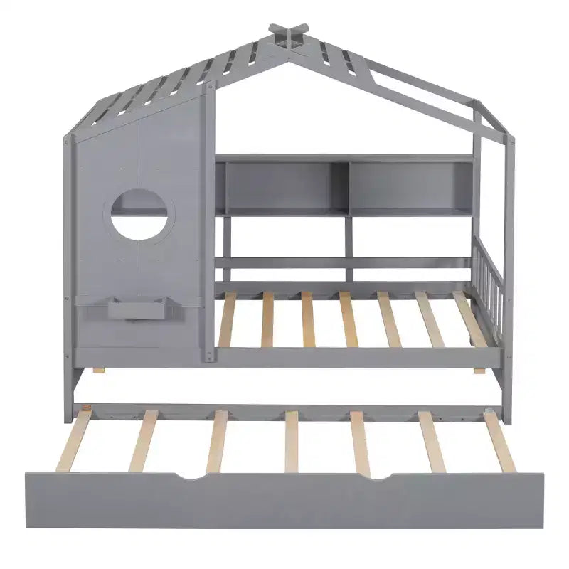 Lit cabane jumeaux avec lit gigogne et 3 étagères de rangement à l'arrière, design de toit en pente, cadre en pin, gris