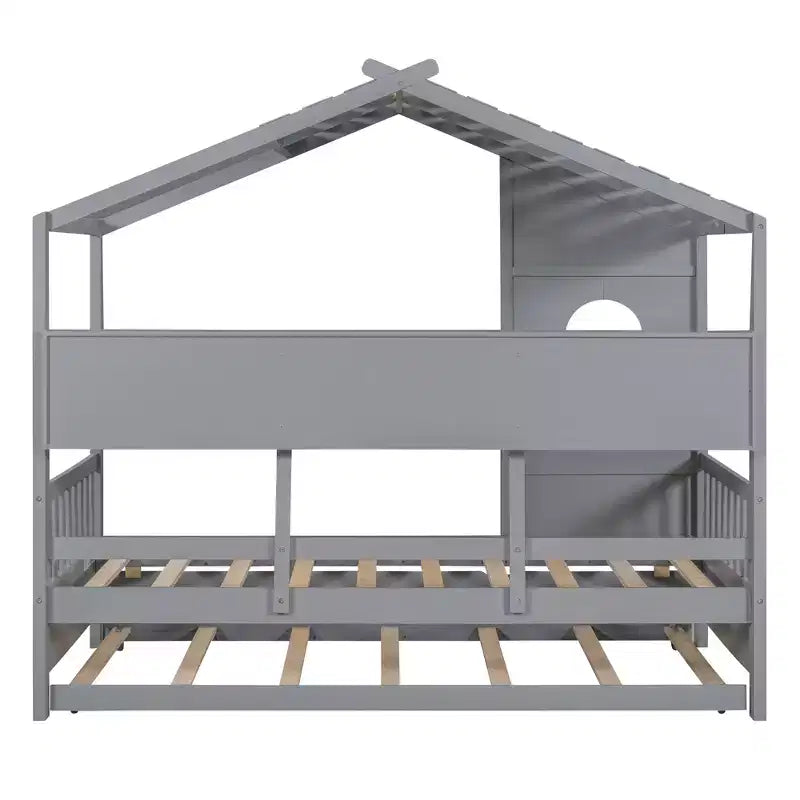 Lit cabane jumeaux avec lit gigogne et 3 étagères de rangement à l'arrière, design de toit en pente, cadre en pin, gris