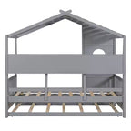 Lit cabane jumeaux avec lit gigogne et 3 étagères de rangement à l'arrière, design de toit en pente, cadre en pin, gris