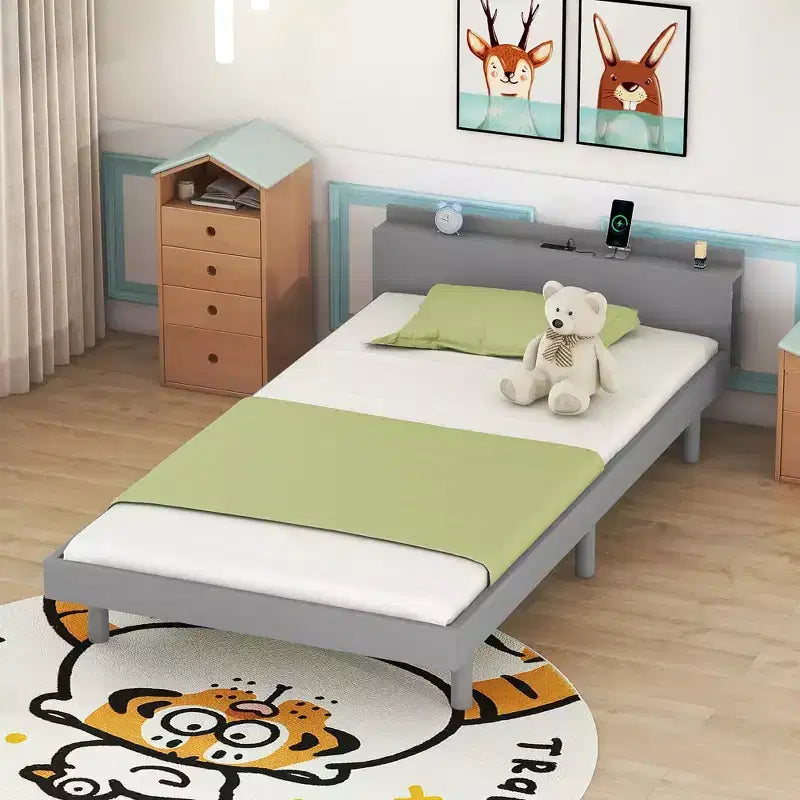 Bellemave Kids Twin Bed With USB Port, Wooden Platform Bed for Boys, Girls, Teens,Bed Frames for Kids, White or Gray Frame